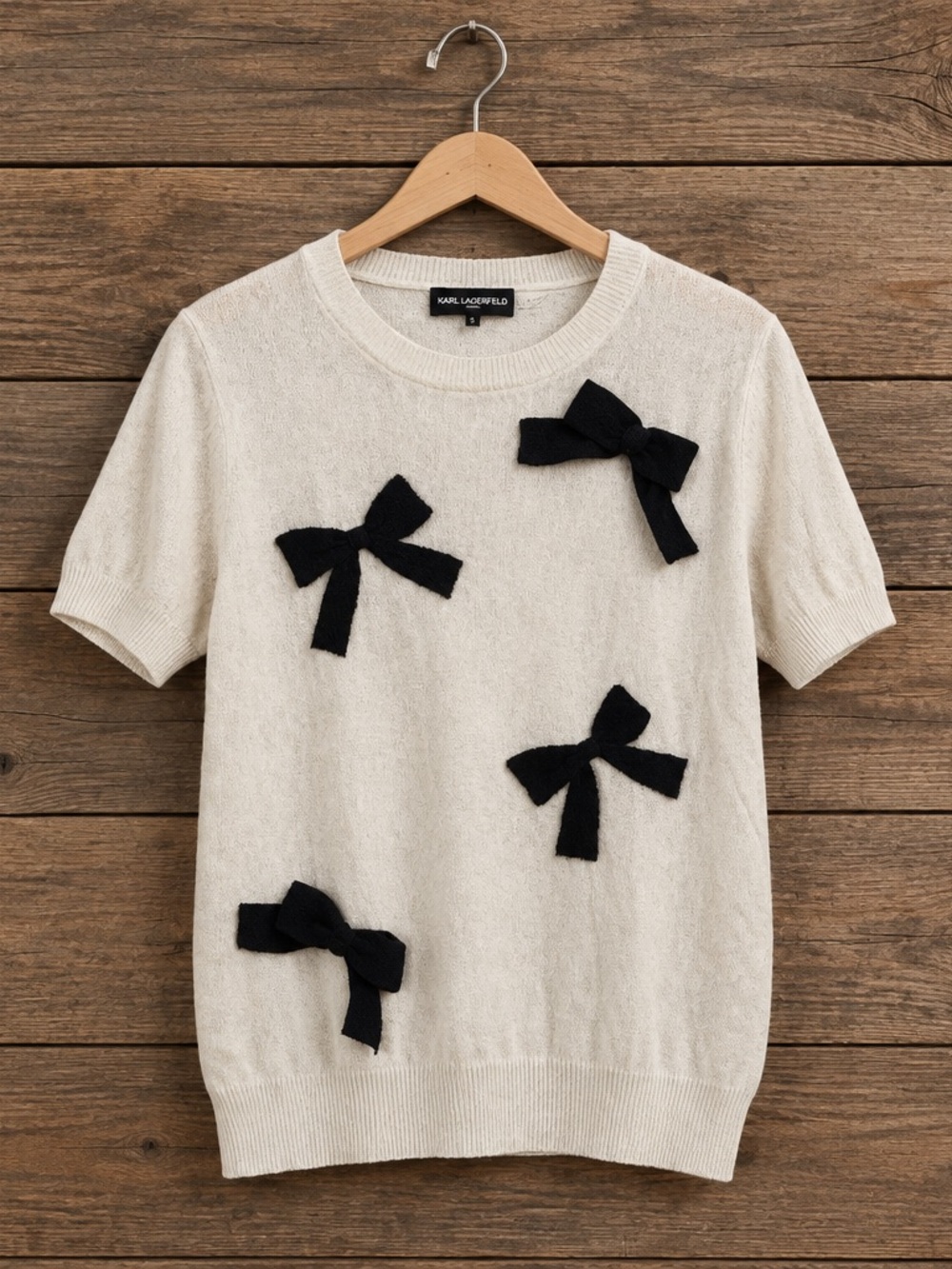 Karl Lagerfeld Elegant White Short-Sleeve Top with Black Bow Accents - Picture 3 of 3